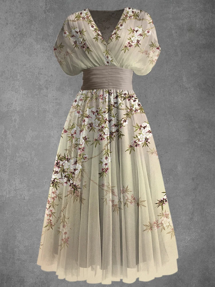 Retro Boho Floral Art Printed Elegant V-Neck Chic Chiffon Short Sleeve Maxi Dress