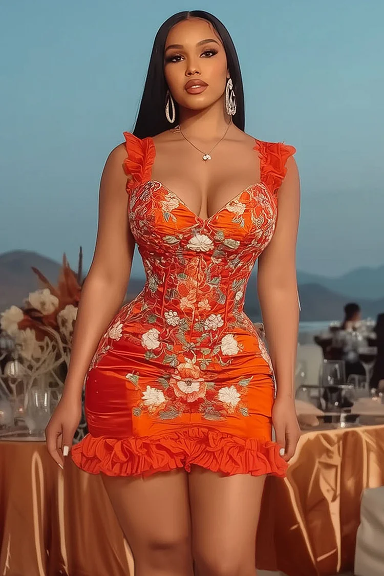 Ruffle Straps Floral Print Bodycon Party Mini Dresses-Orange [Pre Order]