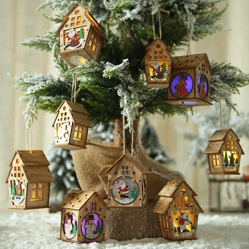 Led Light Wood House Christmas Tree Decorations For Home 2020 Christmas Tree Hanging Ornaments Navidad New Year Xmas Kids Gift