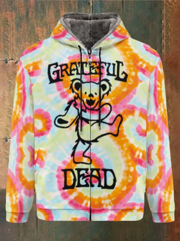 Unisex Bear Print Double Layer Fleece Zip-Up Hooded Jacket