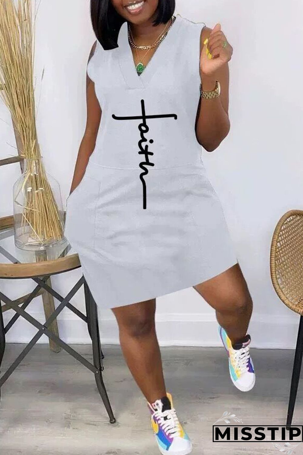 Orange Fashion Casual Print Patchwork V Neck Sleeveless Dress