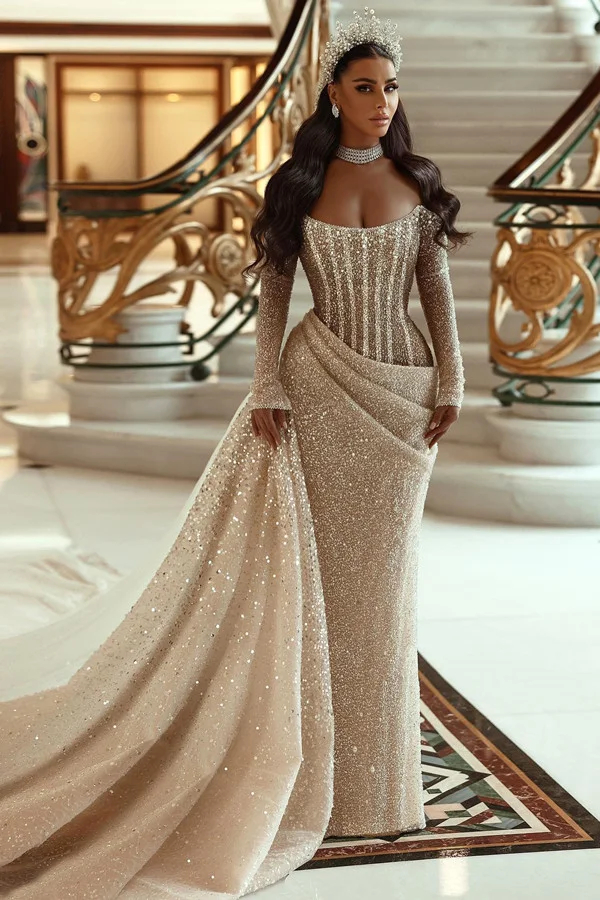 Lvs&Broner  Sequins Strapless Wedding Dress Long Sleeves Mermaid With Pleated