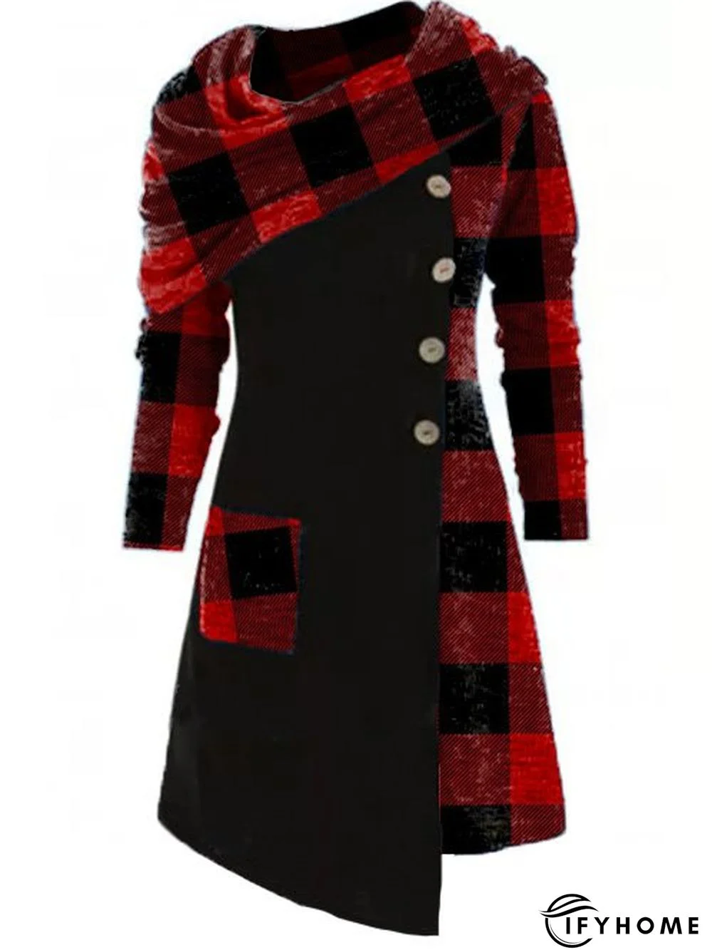 Checked/Plaid Casual Cowl Neck Knitting Dress | IFYHOME