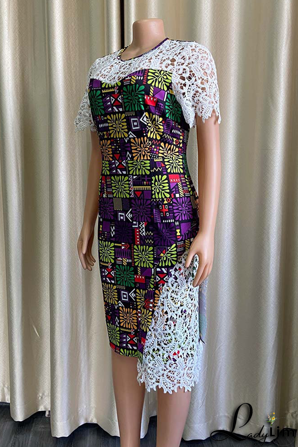 Purple Sexy Print Lace O Neck Irregular Dress Dresses