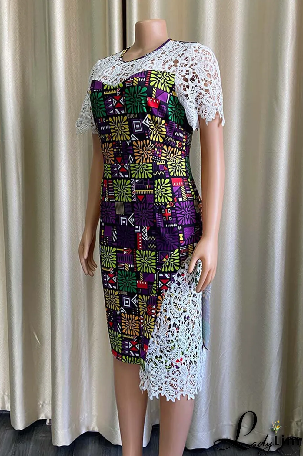 Purple Sexy Print Lace O Neck Irregular Dress Dresses