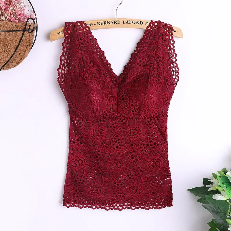 Sexy Tank Top Lace Wireless Paded Lingerie Vest Sexy V-Neck Crop Top Back Hollow Lace Trim Tee Camisole Feminino Cami