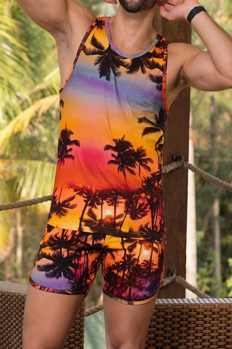 Ciciful Tropical Hawaiian Print Casual Slim Fit Tank Top Shorts Two Piece Set