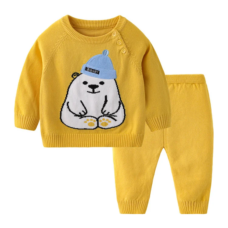 2pcs Baby Boy/Girl Allover Cartoon Bear Pattern Long Sleeve Knitted Tops with Pants Set