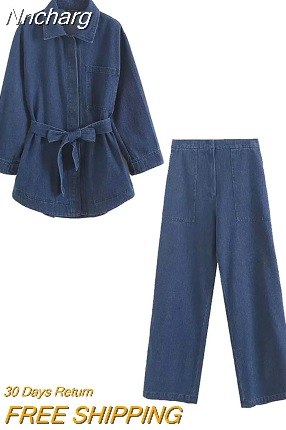 Nncharge TRAF Blue Denim Women Long Pants Suits 2023 Autumn Winter With Belt Loose Coat Jacket + Long Pant Sets