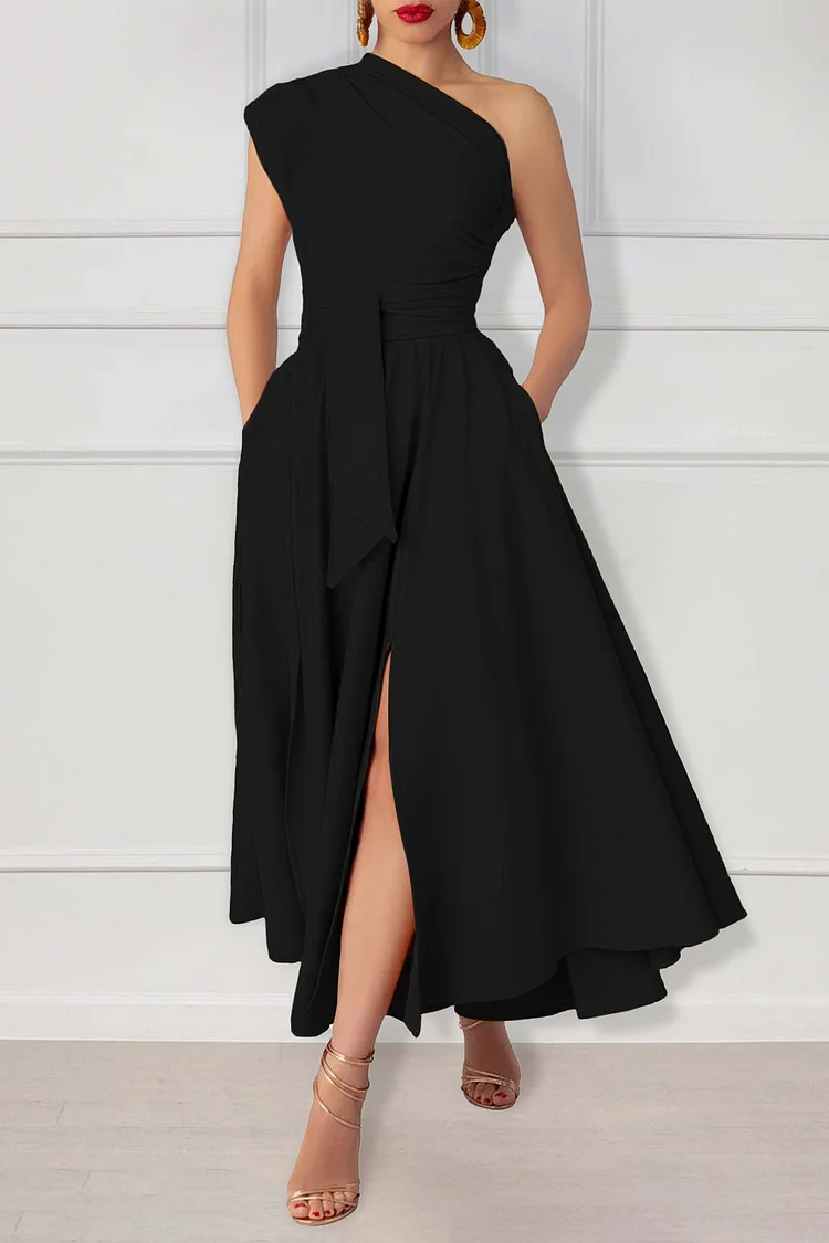 Knit One Shoulder Sleeveless Cinch Waist Solid Color Slit Midi Dresses-Green