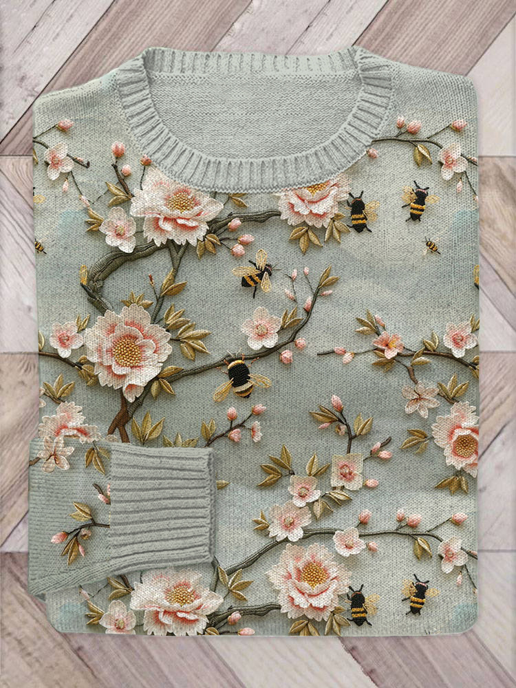 Bee Floral Embroidery Pattern Cozy Knit Sweater