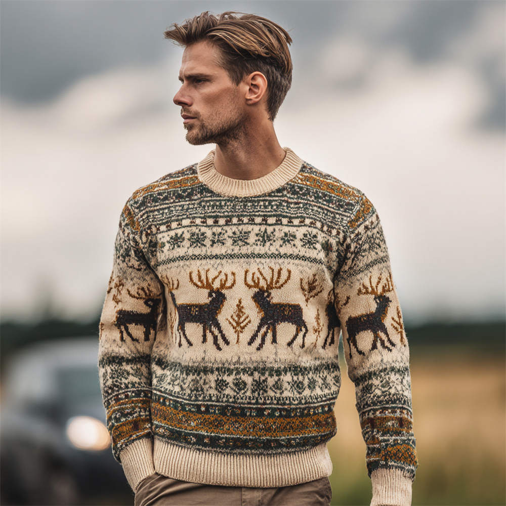 Vintage British Reindeer And Snowflake Design Men's Icelandic Sweater elevenforest