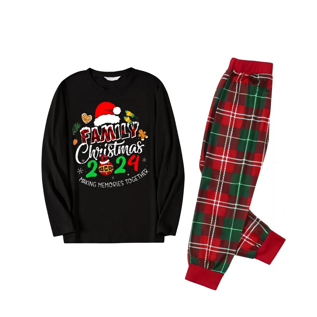 "Family Christmas 2024 Making Memories Together" Text and Santa Hat Printed Red and Green Plaid Family Matching Pajamas