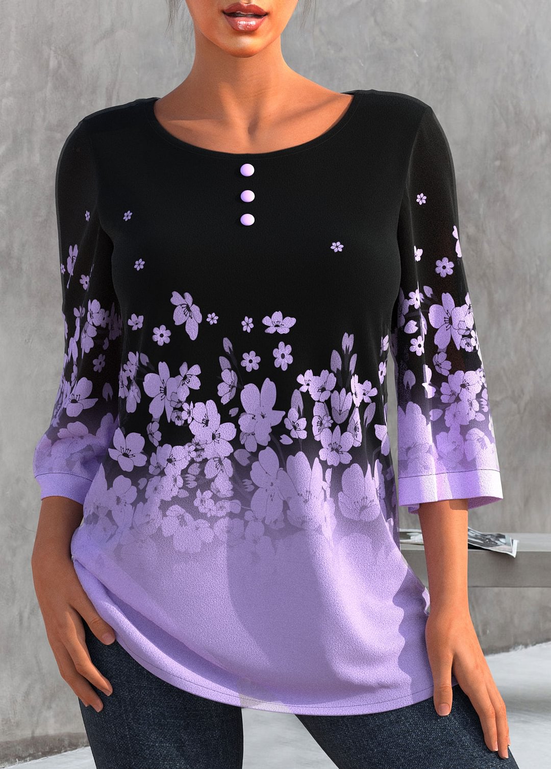 Light Purple Ombre Floral Print T Shirt