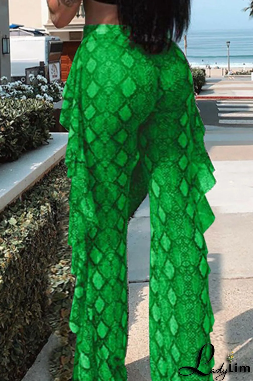 Grey Sexy Print Patchwork Flounce Straight High Waist Straight Full Print Bottoms