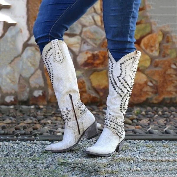 Women's Rivets Pointed Toe Western Cowboy High Boots