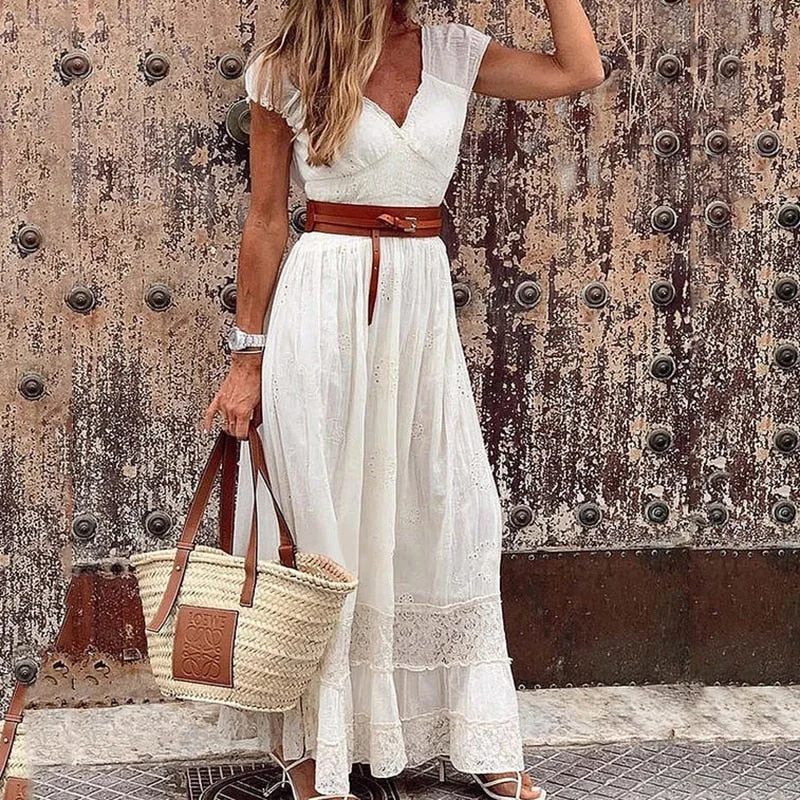 Vintage Women V-Neck Hollow Patchwork Maxi Dress Elegant Short Sleeve Solid Ladies Party Dress Casual Femme Streetwear Vestido