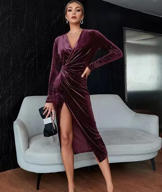 Churchf Churchf Evening Dress Sexy Show Leg Long Sleeve Long Skirt Dress Golden Velvet Nightclub Dress