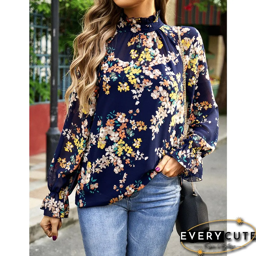 Navy Blue Floral Print Chiffon Long Sleeve Blouse