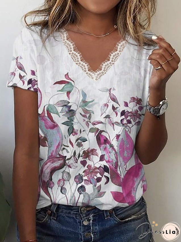 T shirt Tee Pink Blue Green Floral Lace Trims Print Short Sleeve Holiday Weekend Basic V Neck Regular Floral Painting S for Women