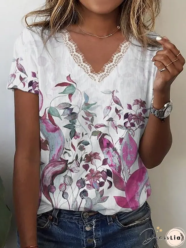 T shirt Tee Pink Blue Green Floral Lace Trims Print Short Sleeve Holiday Weekend Basic V Neck Regular Floral Painting S for Women