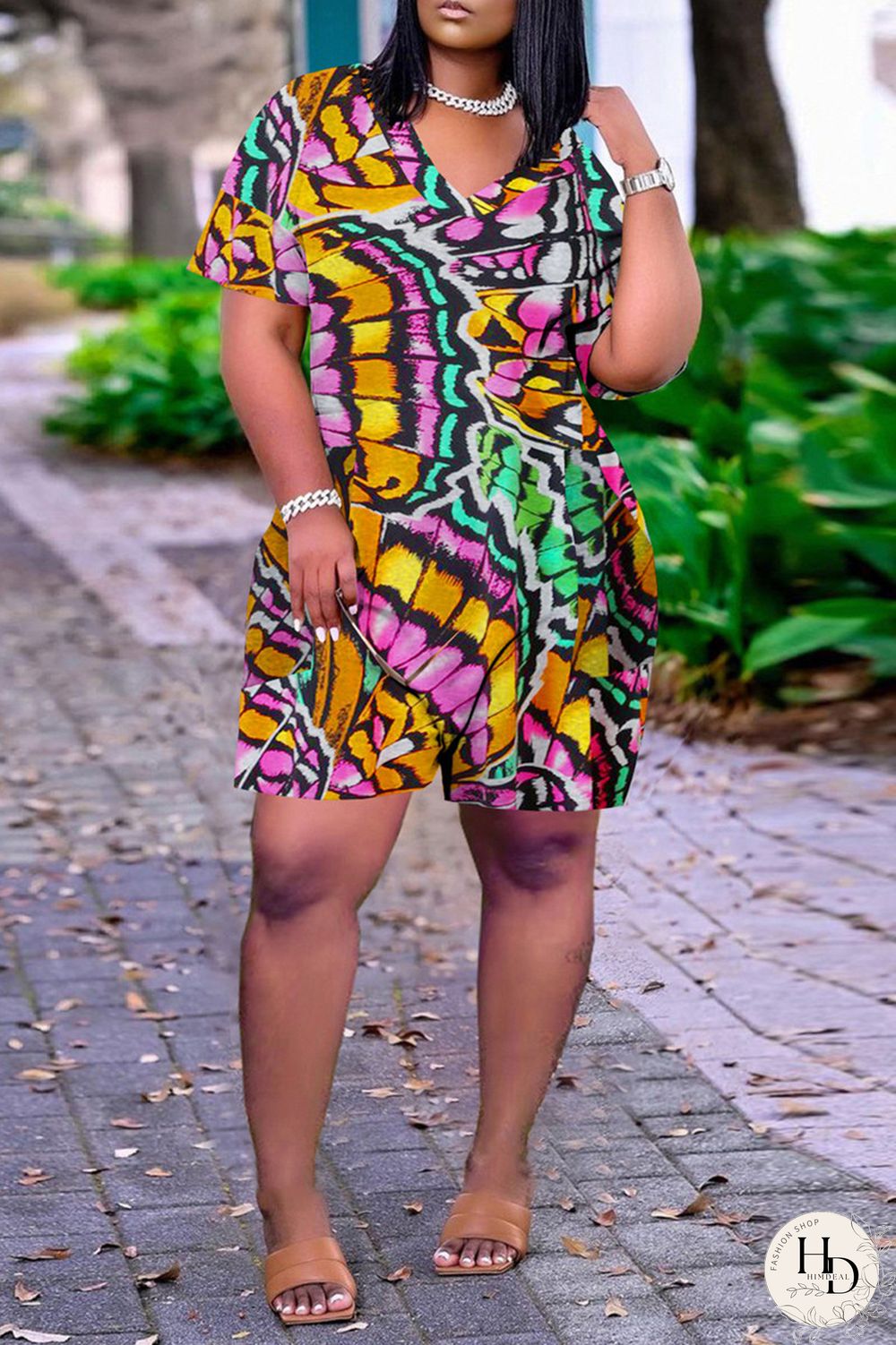 Red Fashion Casual Print Basic V Neck Loose Short Sleeve Romper