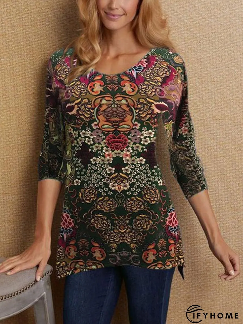 Abstract Crew Neck Vintage Printed Blouse | IFYHOME