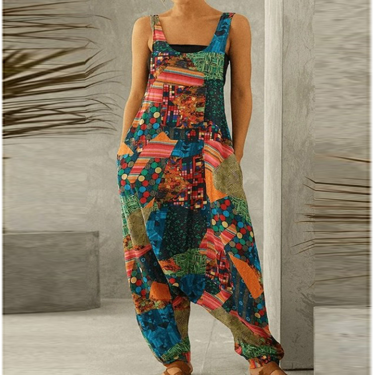 Rotimia Vintage Print Oversized Suspender Jumpsuit