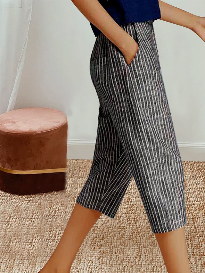 Striped Elastic Waist High Waist Harem Casual Capris