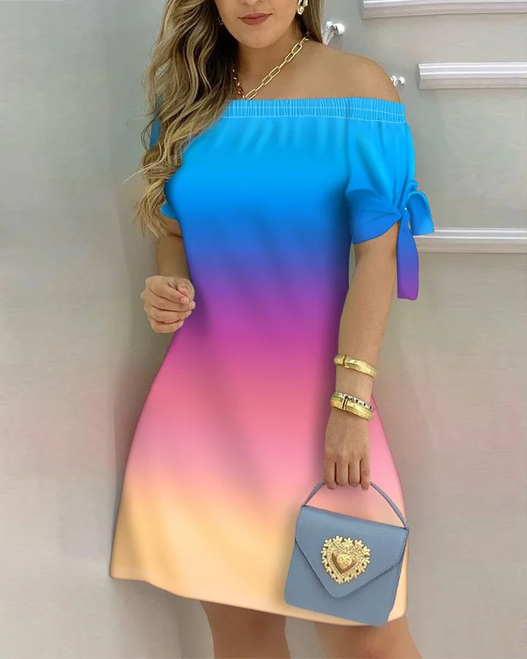 Tie Dye Print Off Shoulder Tie Detail Casual Dress