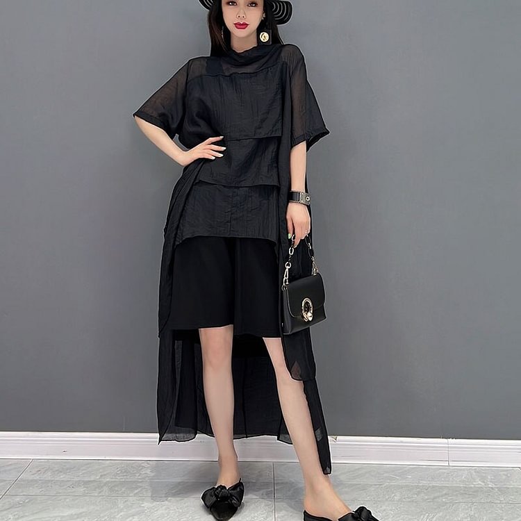 Fashion Loose Irregular Pleated Mesh Patchwork Half Sleeve Top