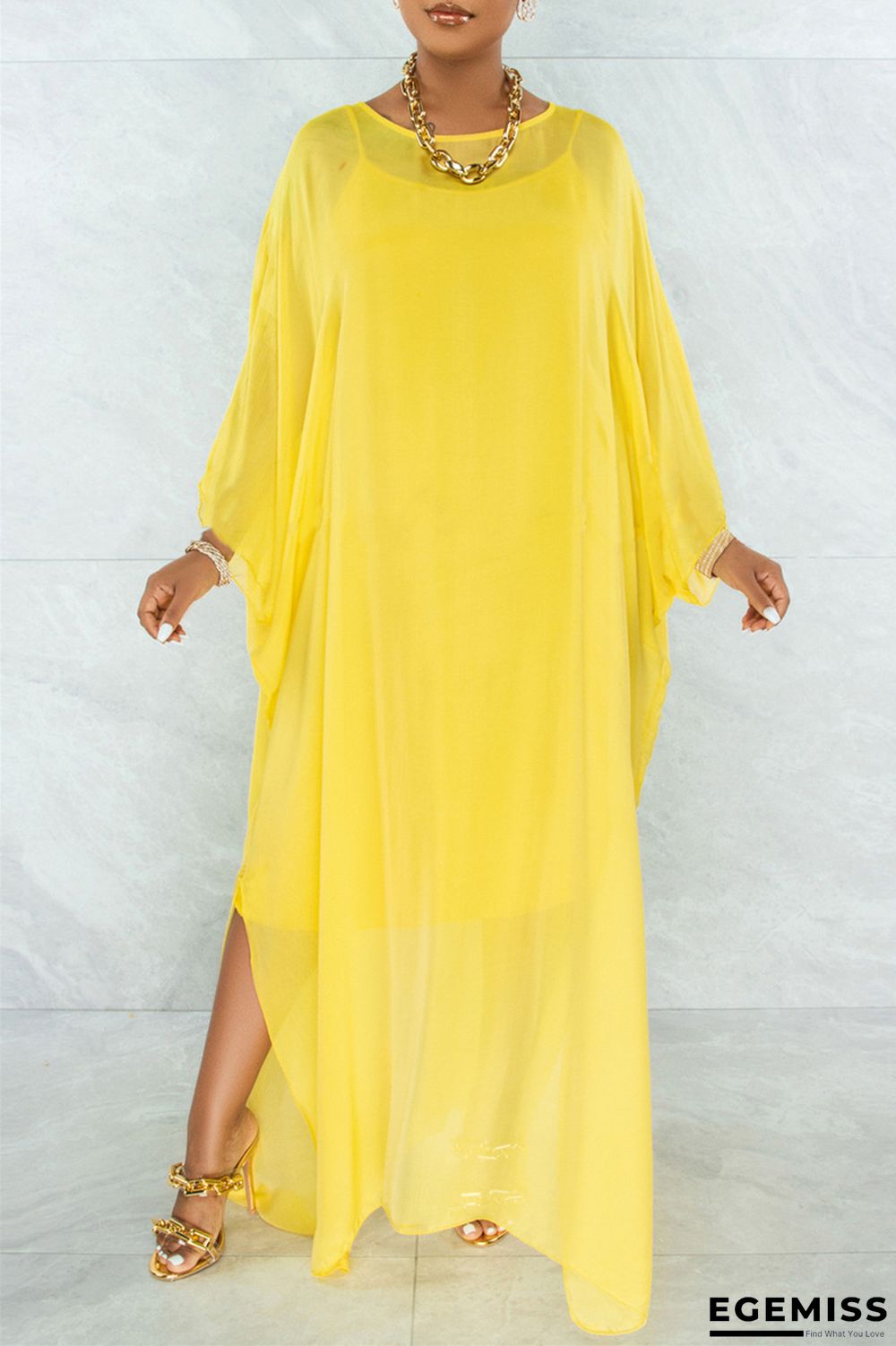 Yellow Fashion Casual Solid See-through O Neck Long Sleeve Two Pieces | EGEMISS