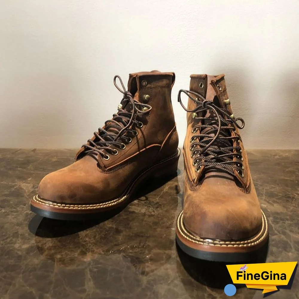 Vintage Lace-Up New Genuine Leather Platform Men Ring Black Red Ankle Boots Dress Work Casual Motorcycle Boots