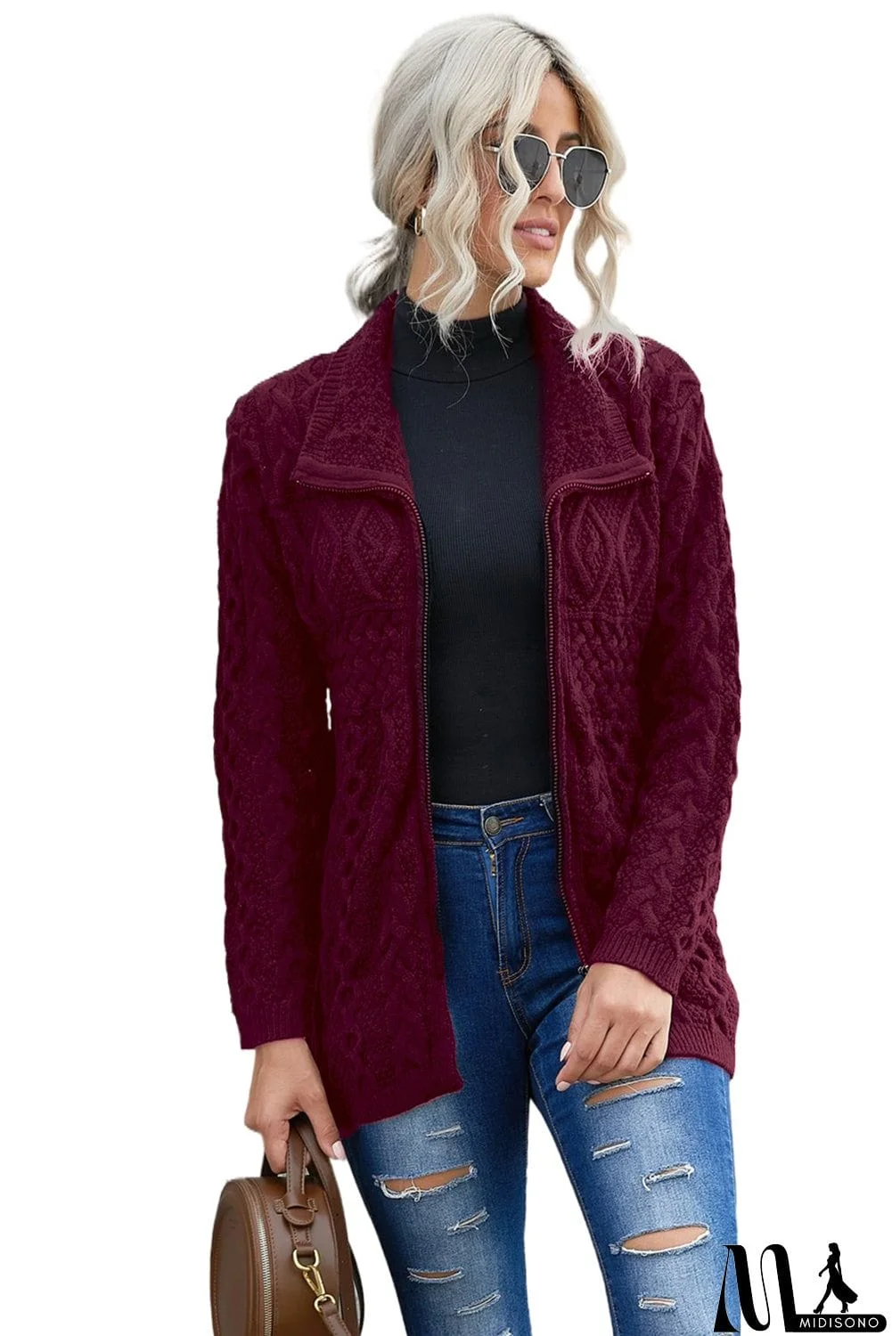 MidiSono - Wine Red Zip-up Open Front Knitted Sweater