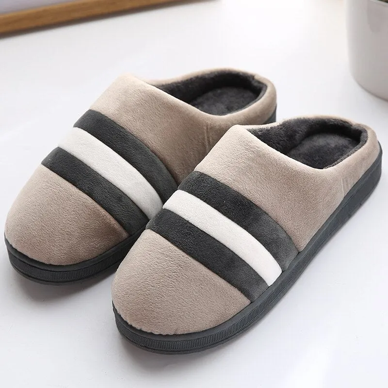 Men and Women Striped Indoor Home Autumn and Winter Couples Warm Cotton Slippers Cotton Indoor Home Soft and Comfortable