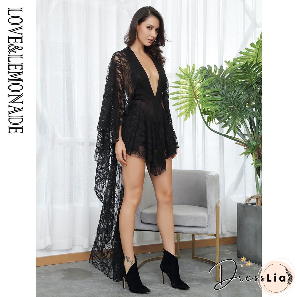 V-Neck Ruffles Open Back Lace Playsuit LM81381-1