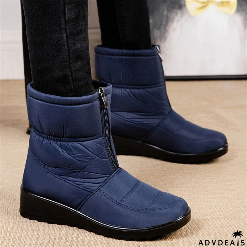 Waterproof Front Zipper Plush Ankle Boots