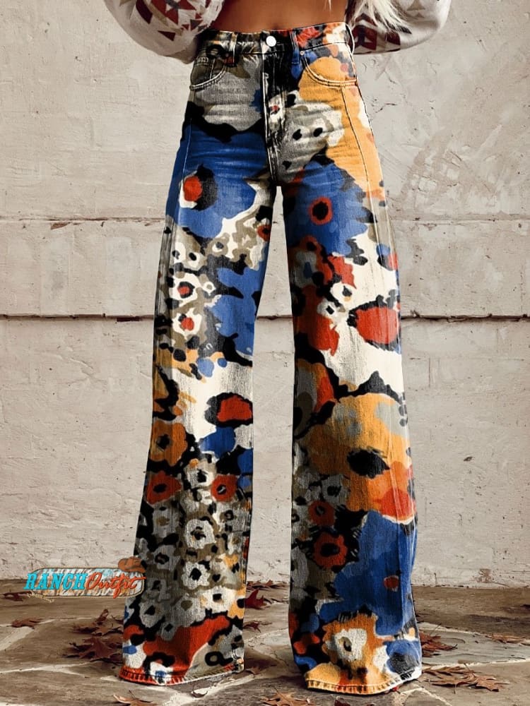 Women’s Vintage Print Casual Wide Leg Pants Multicolor / S