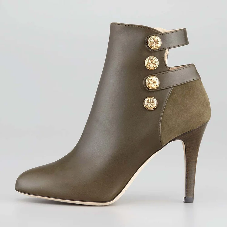 FSJ Olive Round-Toe Buttoned Vintage Booties for Women |FSJ Shoes