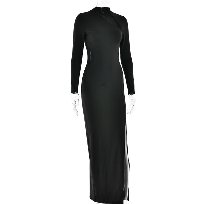Mozision Mesh Patchwork Sexy Maxi Dress Women Hollow Out O Neck Long Sleeve Thigh High Split Bodycon Long Dress Femme Elegant