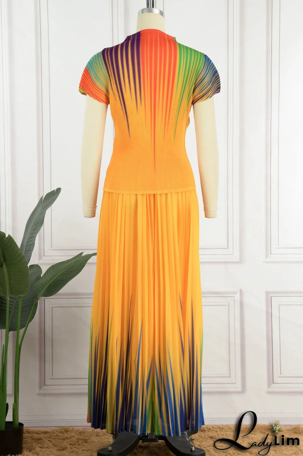 Apricot Casual Elegant Gradual Change Print Patchwork Fold O Neck Short Sleeve Two Pieces