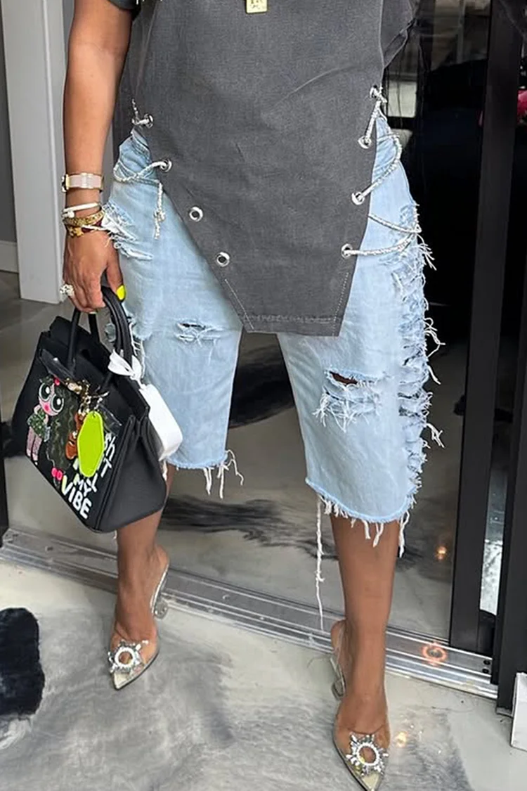 Plus Size Daily Blue Casual Distressed Denim Jeans [Pre-Order] 2024 - Xpluswear