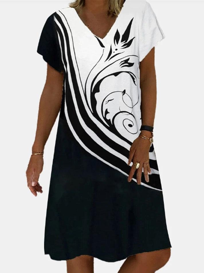 Women's White Floral Printed Graphic Short Sleeve V-neck Midi Dress