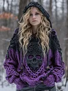 Women's Retro Drop Shoulder Skeleton Pattern Loose Hooded Sweater