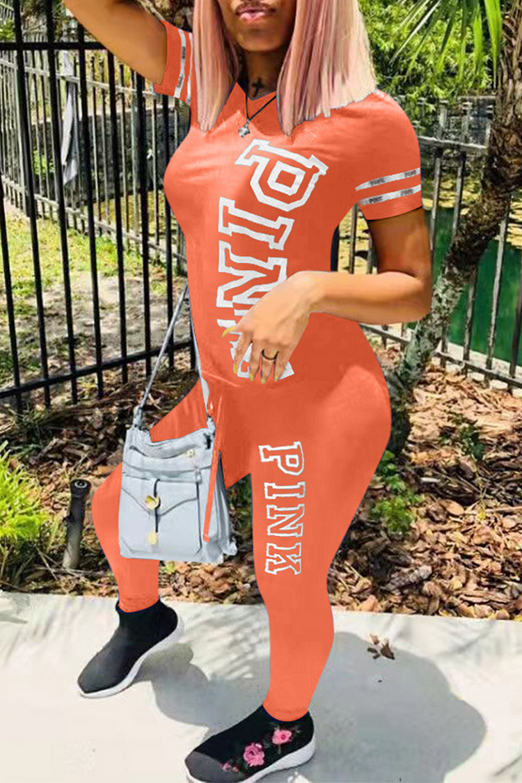Tangerine Red Casual Patchwork Letter O Neck Short Sleeve Two Pieces