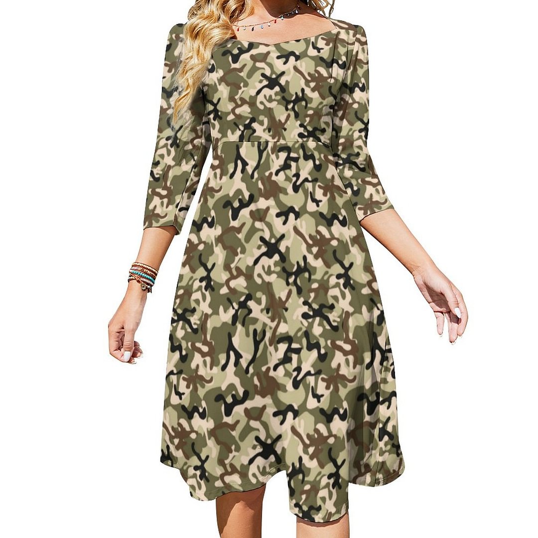 Brown White Green Camouflage Dress Sweetheart Tie Back Flared 3/4 Sleeve Midi Dresses