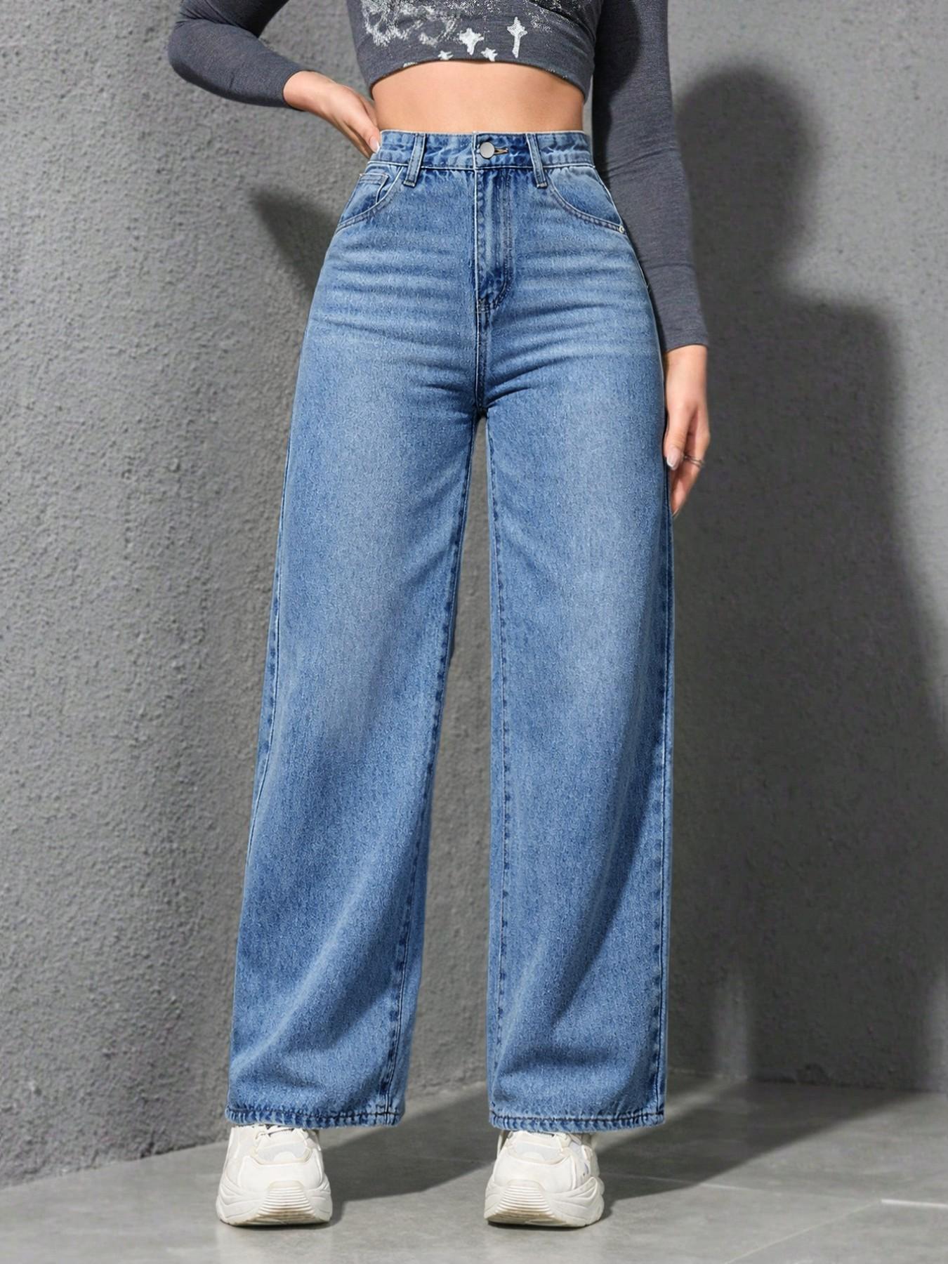 Spring Summer High Waist Elastic Women's Jeans, Washed Blue Casual Wide Leg Pants, Fitted H-Type Denim for Daily Commute and Vacation