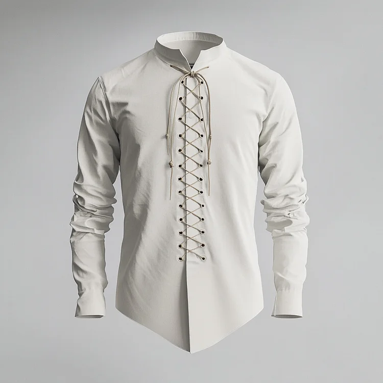 Men's Solid Stand Collar Lace-Up Long Sleeve Shirt