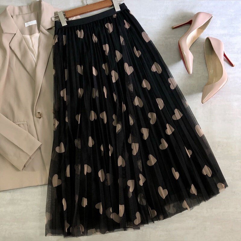 2022 Spring and Summer Mesh Long Women's Skirts High Waist Love Printed Elegant A-Line Pleated Skirt Fashion New