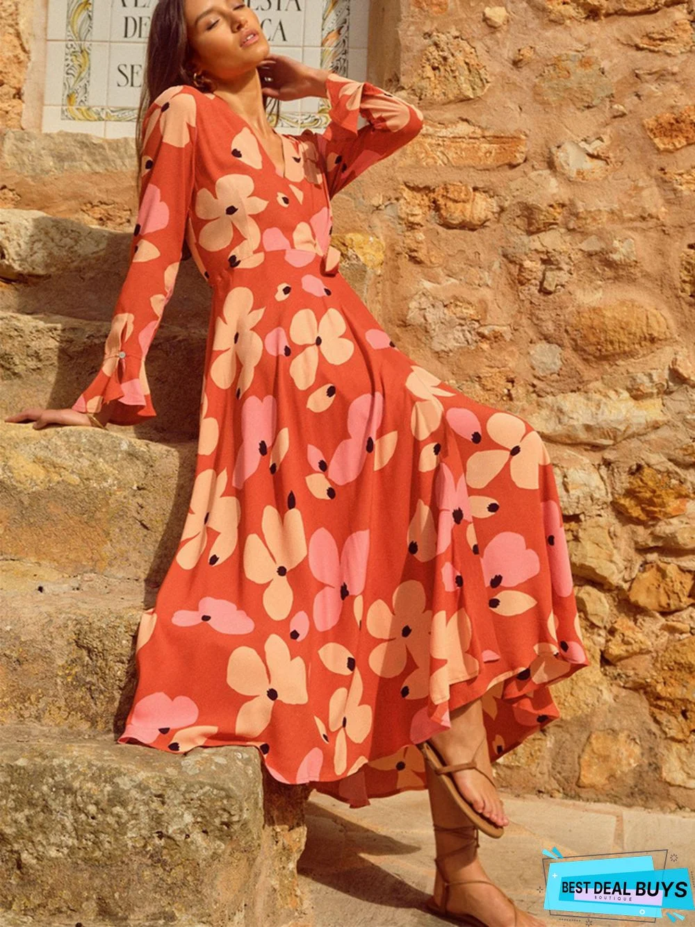 Temperament Commuter V-Neck Floral Long Sleeve Dress